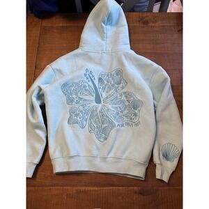 Women's Baby Blue Pink Palm Puff Hoodie Soft Size XXS